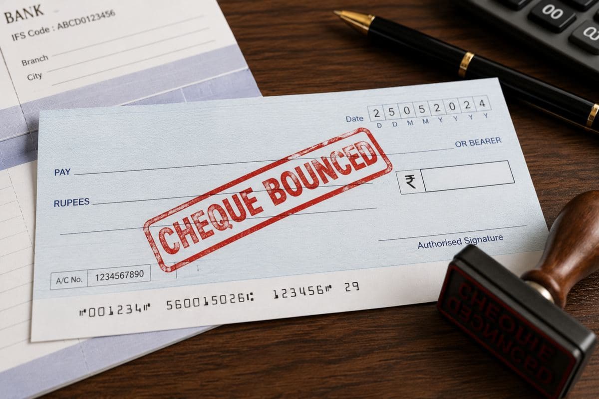 A cheque stamped CHEQUE BOUNCED beside the bank's rubber stamp
