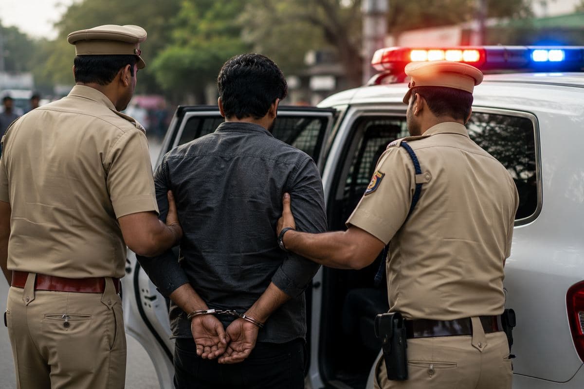 Police officers escorting a handcuffed man to a patrol vehicle