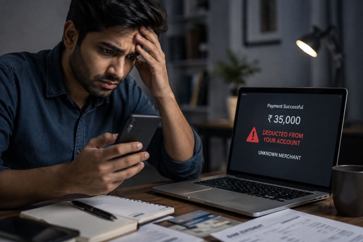 A man looking at his phone in dismay beside a laptop showing an unauthorised debit