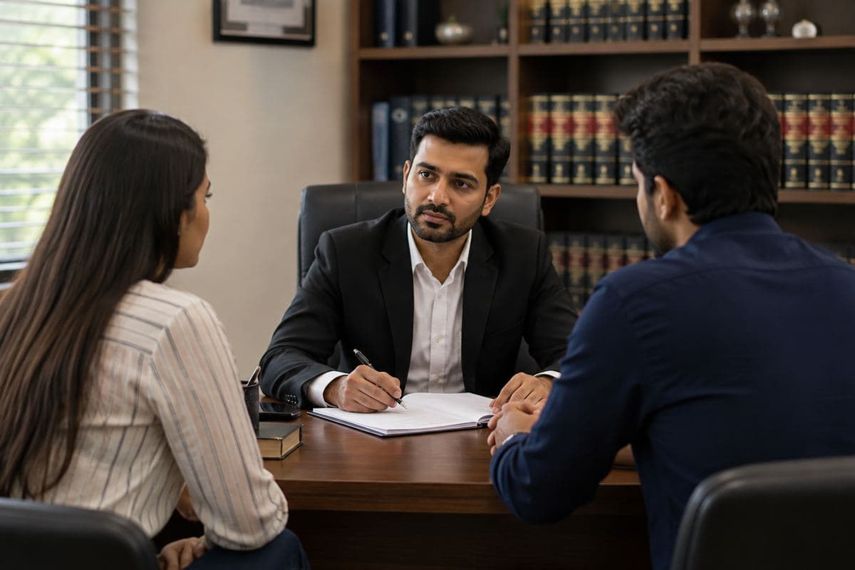 An advocate taking notes across a desk from a couple in his chamber