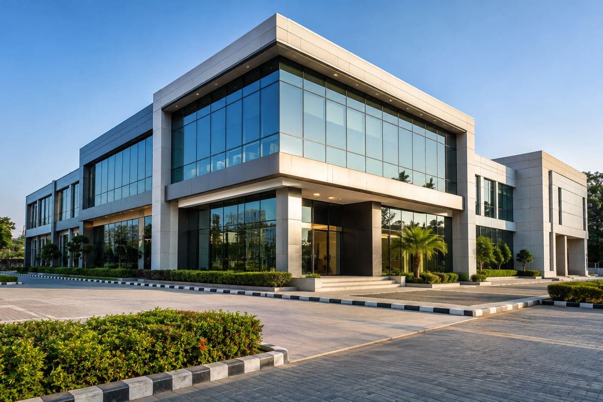 A modern commercial building, the kind of property a title or possession dispute concerns