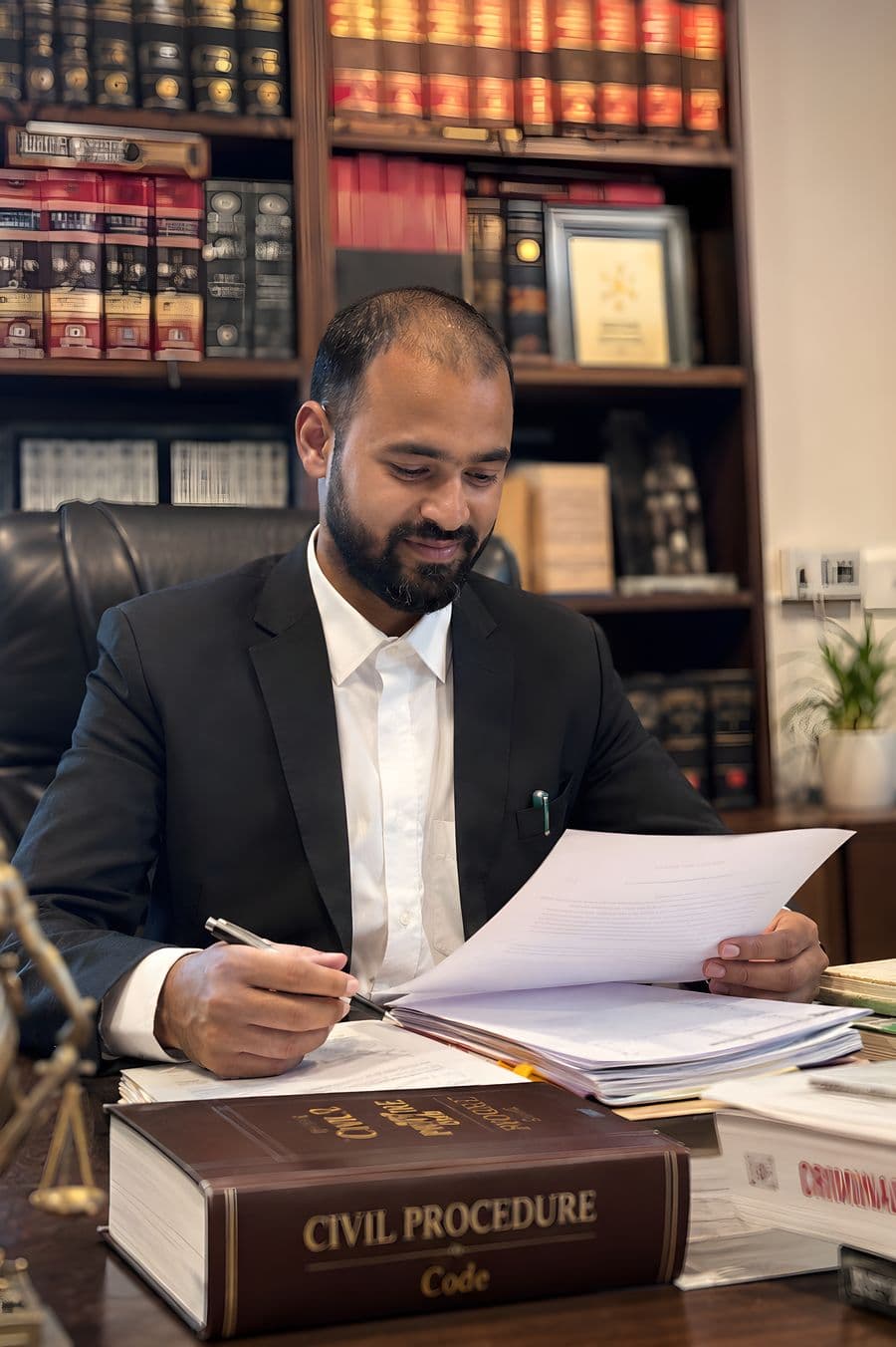 Rajender Prajapat at his desk in chambers, reading a brief beside a Civil Procedure Code